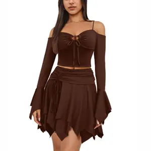 Acelyn Outfits Women 2 Piece Skirt Set Sexy Fairy Off Shoulder Crop Tops Rave Ruffled Outfits Y2K Fairycore Corset Club Festival Skirt Set Halloween Set