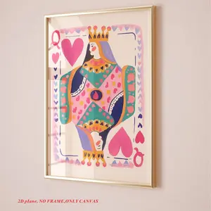 1 piece/set, Queen of Hearts Wall Art Poster, Colorful Playing Card Number Download, Art Deco Poker Decoration, Dopamine Queen Illustration, Canvas Print, 2D Frameless, Artwork
