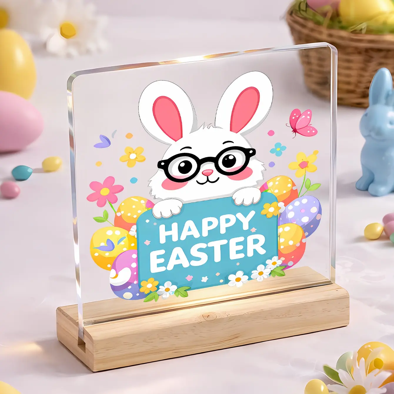 Acrylic Easter Bunny Tabletop Sign with Wooden Base, Colorful Easter Eggs & Floral Design, Spring Home Decor for Living Room, Bedroom, Office
