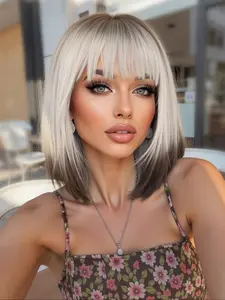 Ombre to Blonde Bob Wig with Bangs, Short Straight Ombre Wigs for Women, 12 Inch Synthetic Hair Wig for Daily and Cosplay Party Wear, All Seasons Wigs