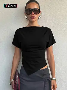 Women's Solid Color Boat Neck Irregular Hem T-shirt Top, Plain Ruched Short Sleeve Slim Fit Tees Blouse, Party Club Date Holiday Music Festival Daily Y2K Casual Elegant Crop Tops Shirts For Ladies All Seasons Summer Fashion Clothes Wear