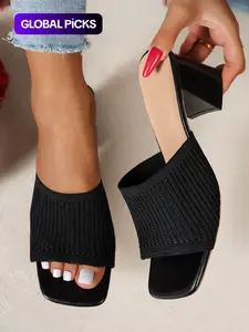 Korean Summer Knit High Heels, Commuter & Date Wear, Versatile Fashion Sandals, Classy Elevated Sandals, Textile Material Rubber Sole Chunky Heeled Sandals