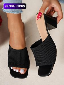 Korean Summer Knit Mules, Chunky Heel High Heels, Commuter & Date Wear, Versatile Fashion Sandals, Textile Material, Rubber Sole