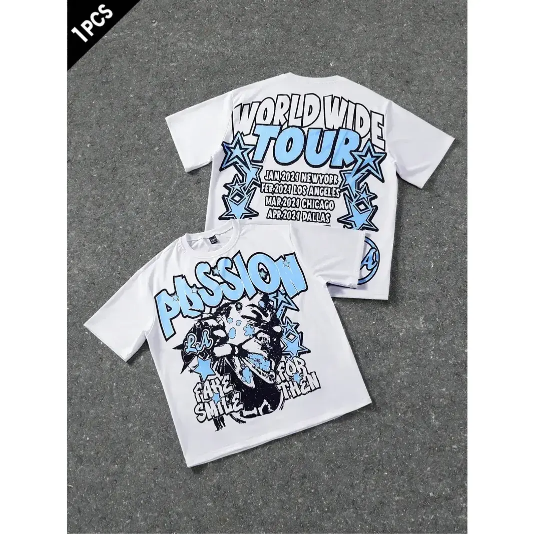 Viral "Worldwide Tour" Graphic T-Shirt | White Blue Oversized Streetwear Cotton T-Shirt | Trendy Men's Y2K Retro Concert Aesthetic Tees | "Fake For Then Smile" Quote Print | Comfort Soft Fabric Daily/Concert/Street Style Top | good