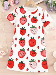 Girls' Cute Strawberry Print T-Shirt Dress, Short Sleeve Cartoon Fruit Pattern, Casual Summer Dress, Comfortable and Fashionable