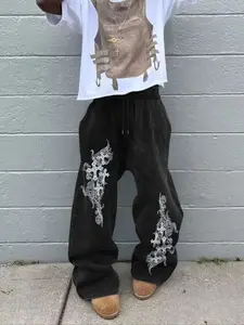 Men's Casual Sporty Long Pants, Cross Pattern Print, Drawstring Wide Leg, Loose Fit, All Seasons, Graphic Letters Design, Casual Sport Trousers