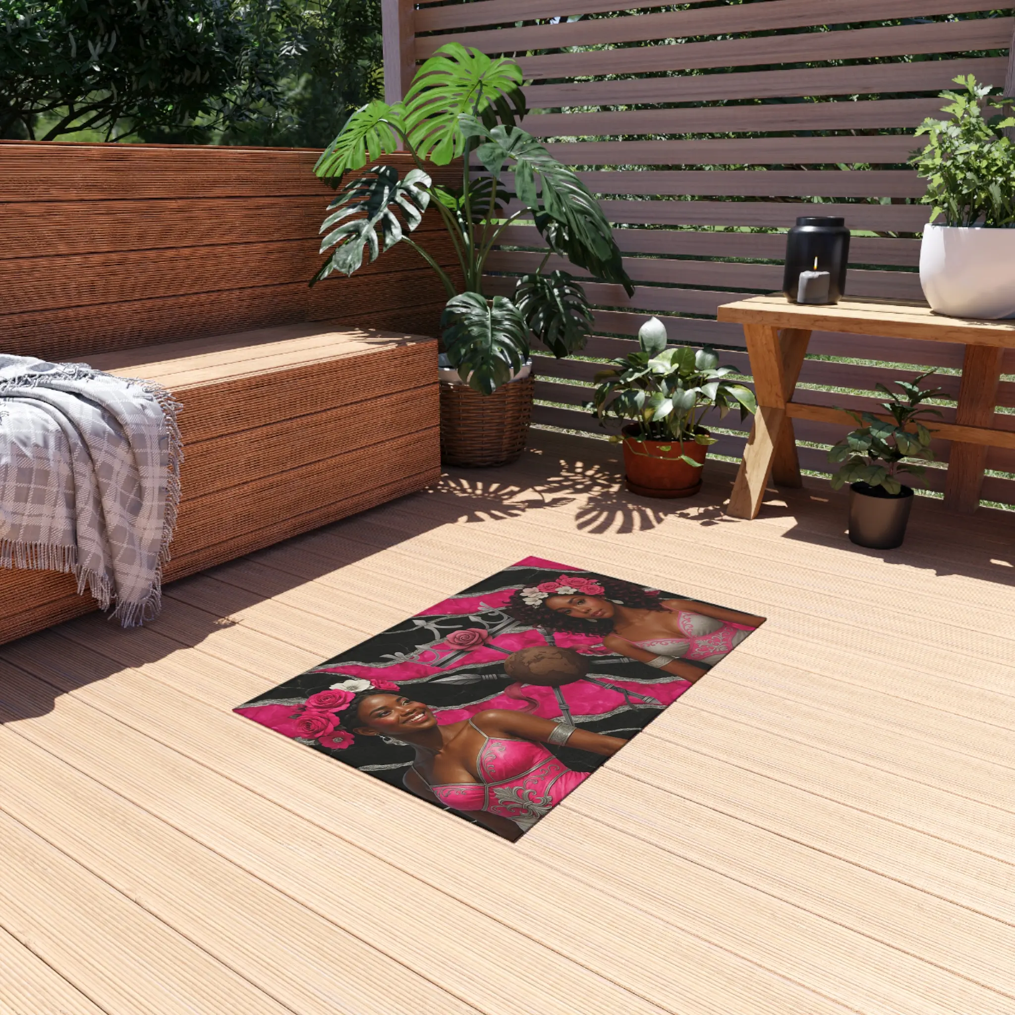 Princesses ZaVari Rose & Kaelis Thorn Outdoor Area Rug, Blossoming Guard Fantasy Patio Décor, Pink Silver & Black Marble Luxury Rug