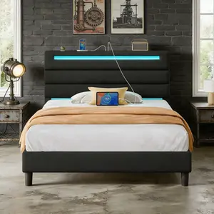 Modern Platform Bed Frame, Twin/Full/Queen/King Size with Upholstered Headboard, LED Lights & USB Charging Station, Easy Assembly, Bedroom Decor