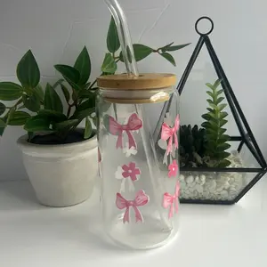 Cute Pink Bow Drinking Glass - Decorative Bottle with Pink Bow and Gold Cap for Home Decor and Glassware Use - Drinkware