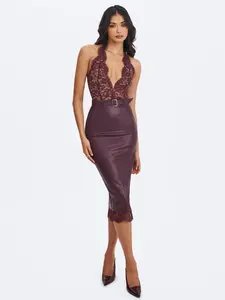 Fiera Mahogany Plunging Halter Belted Midi Dress
