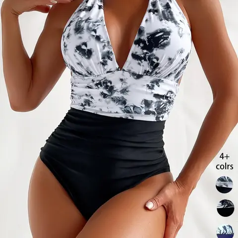 Women's High-Waist Tie-Dye One-Piece Swimsuit, Fitted Lace-Up Design, Wireless Bra, Sexy Beachwear, Summer Swimsuit for All Seasons, Sleeveless Swimsuit, Fitted Swimwear