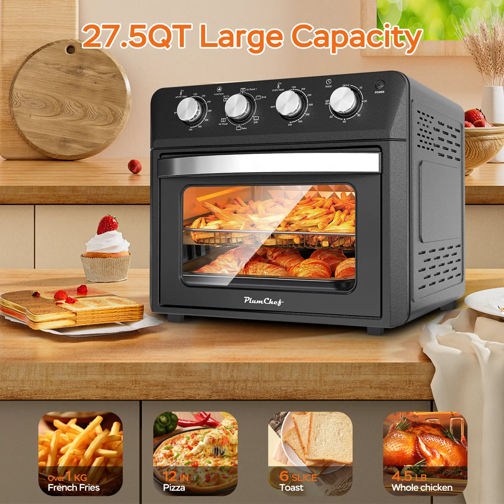 Air Fryer Toaster Oven 27.5QT,  Large Countertop Air Fryer Oven Combo,  Stainless Steel, 7-in-1 with Bake Broil  Toast Warm Air Fry Functions, Rotary Knob  Control, Family Size Kitchen Appliance