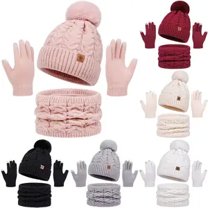 Women's Winter Set 3-Piece, Chic, Knitted Hat, Touchscreen Gloves, Convertible Necklace Scarf, Soft Pastel Colors, Christmas, Gifts For Women