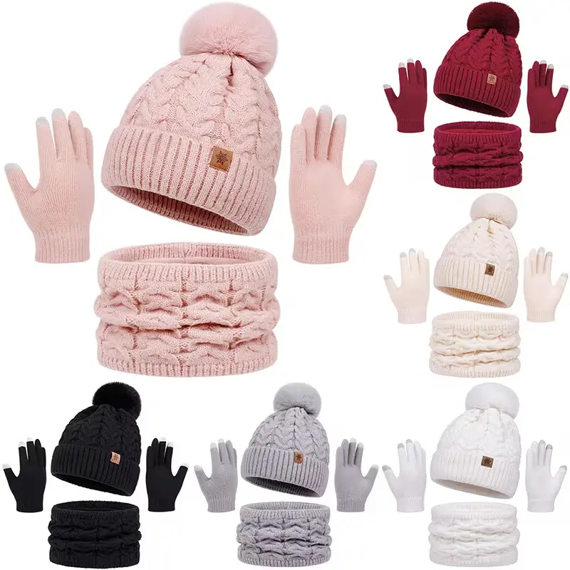 Women's Winter Set 3-Piece, Chic, Warmth, Fashion, Knitted Hat, Touchscreen Gloves, Touchscreen Capability, Convertible Necklace Scarf, Soft Pastel Colors, Christmas, Gifts For Women