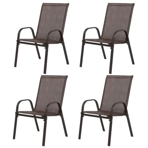 Curved High-Back Patio Arm Chairs (4/6-Piece Multiple Sets), Breathable Textilene Fabric, Rustproof Steel Frame, Non-Slip Base, Lightweight Compact Seating Solutions for Garden, Campfire/BBQ Party, Balcony, Brown/Grey Outdoor Chairs