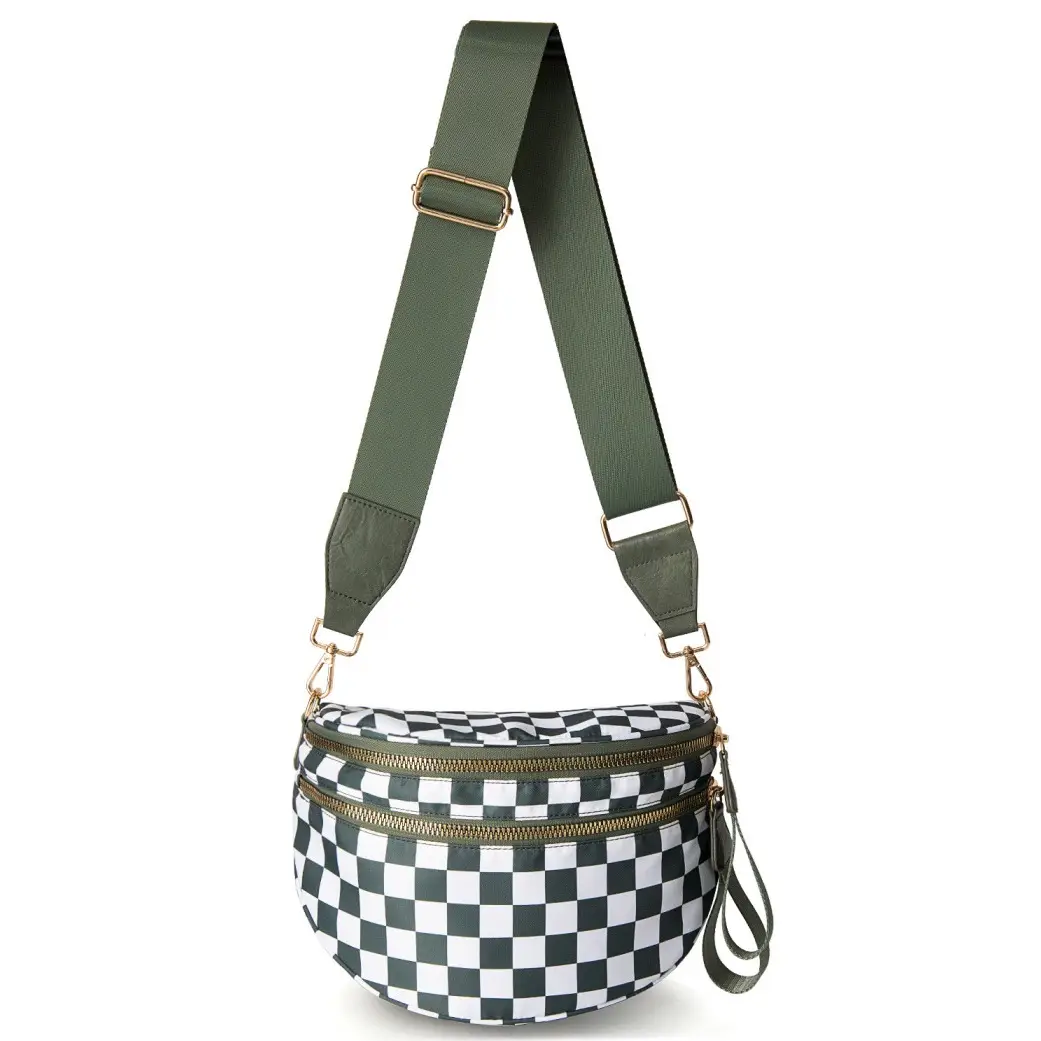 Maxoner Fanny Packs for Women Nylon Bum Bag Crossbody Checkered Bum Bags Black Spacious Design