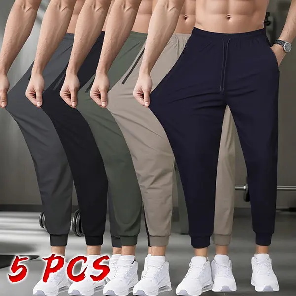 Men’s Quick-Dry Jogger Sweatpants, 5-Pack – Elastic Waist + Drawstring, Lightweight & Breathable, Zipper Pockets, Essential for Fitness & Running