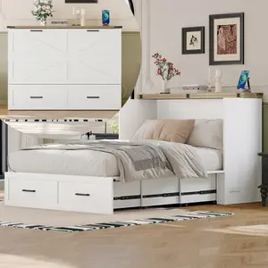 Full Size Murphy Cabinet Bed Wall Bed with Charging Station, Foldable Platform Bed Frame with Large Storage Drawer for Guest-Room, Small Bedroom