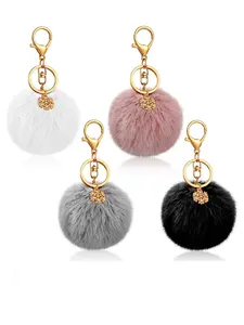 Yaomiao 4 Pcs 3 Inch Pom Pom Keychains, Faux Fur Pompom Ball Keychains, Fuzzy Keychain Accessories for Women, Snowflake Design