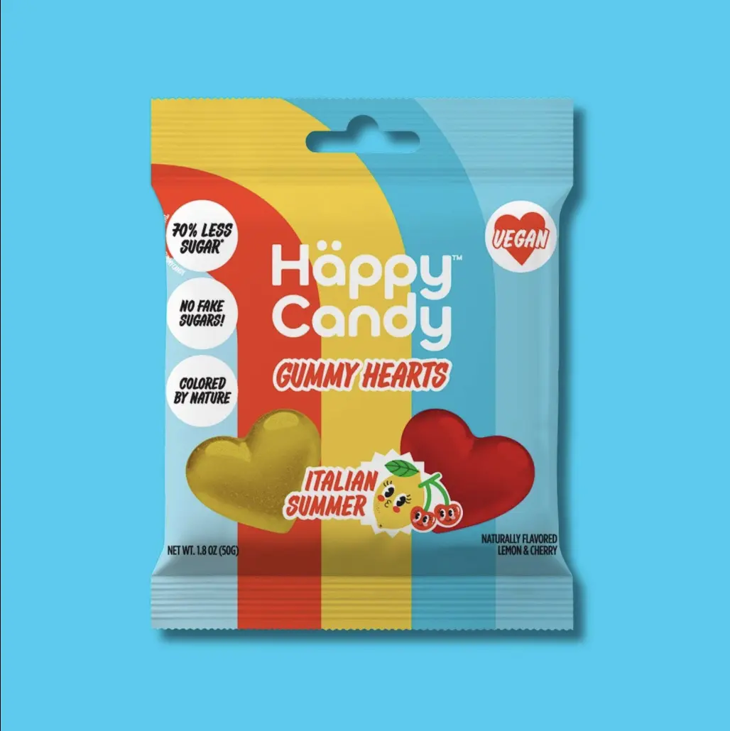 Spirulina Lemon-Cherry Gummy Candy, Happy Candy Brand, Gluten-Free, Dairy-Free, Low-Sugar, Italian Natural Ambient Everyday Summer Snack, 1.8 oz, 12-Month Shelf Life, Pantry Cupboard Item