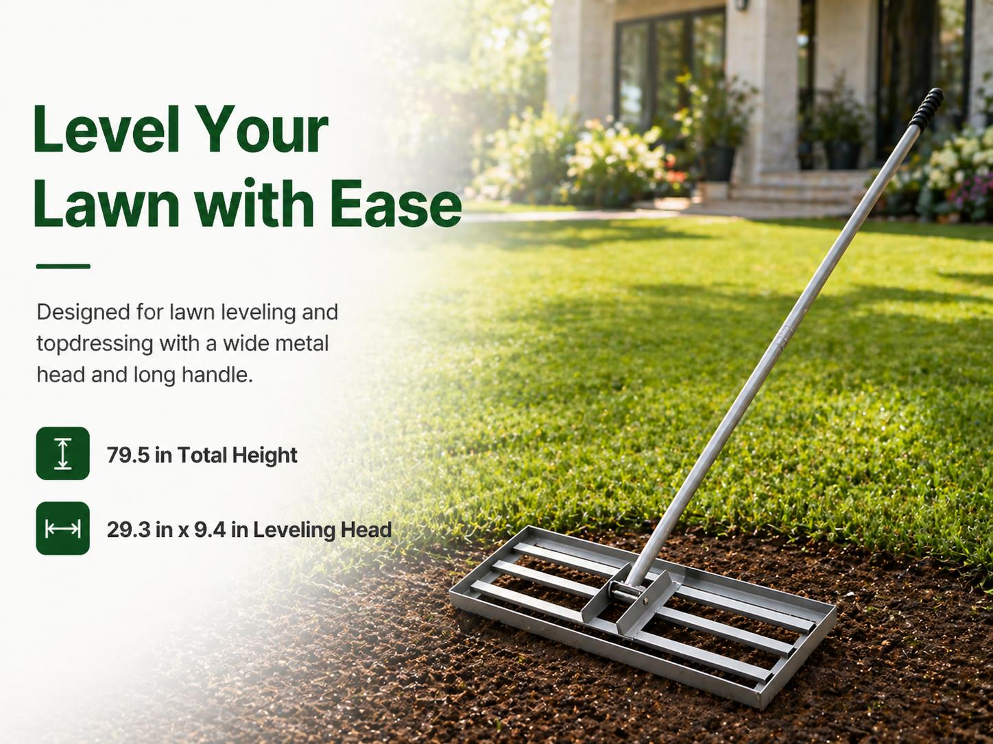 Lawn Leveling Rake 29.3 x 9.4 Inch Soil Leveling Rake with 79.5 Inch Detachable Long Handle, Metal Lawn Leveling Tool for Yard, Garden, Farm, Sand, Dirt, Compost, Topdressing