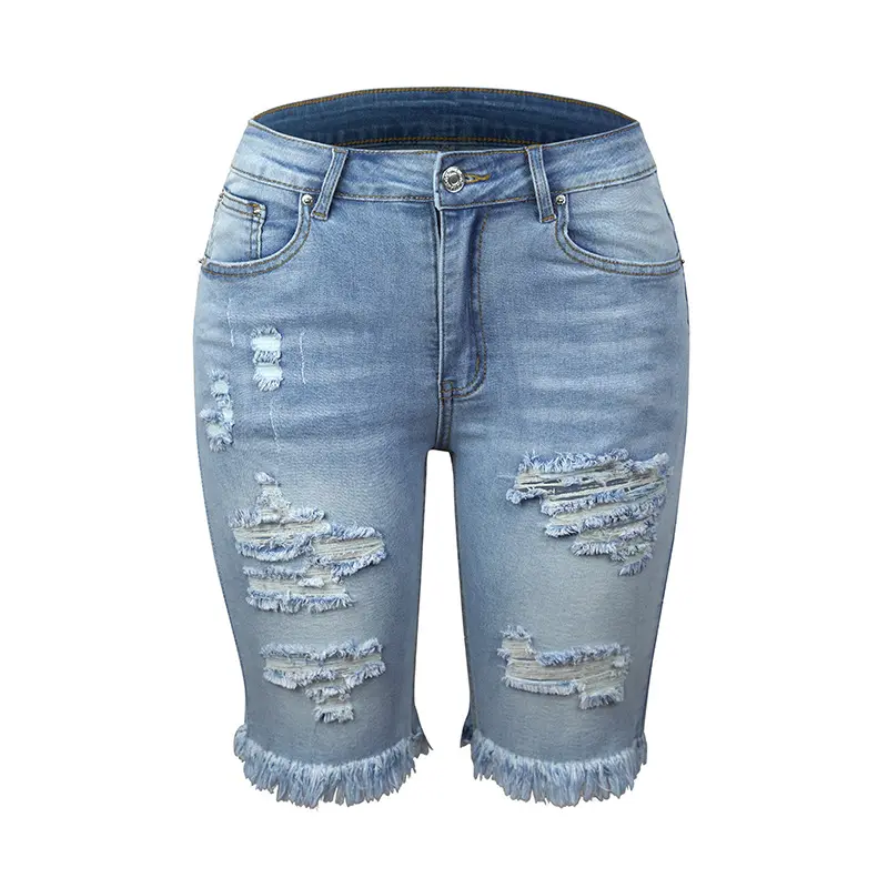 Women's Plus Size Mid-Rise Ripped Denim Capris - High-Stretch, Fringe Raw Edge, 5-Point Jeans for Casual Style, Comfortable Fit Bottom