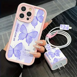 5 Piece Set iPhone Case Gradient Butterfly Design, Includes Charger Cover & Cable Protector, Fits New iPhone Models 17/15/14 Series