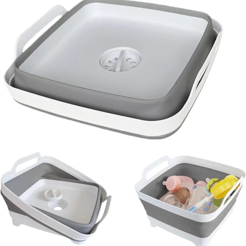 Collapsible Bathroom Wash Basin - 2.4 Gal Durable Portable Wash Bin for RV Camping Sink, Space-Saving Grey Dish Tub