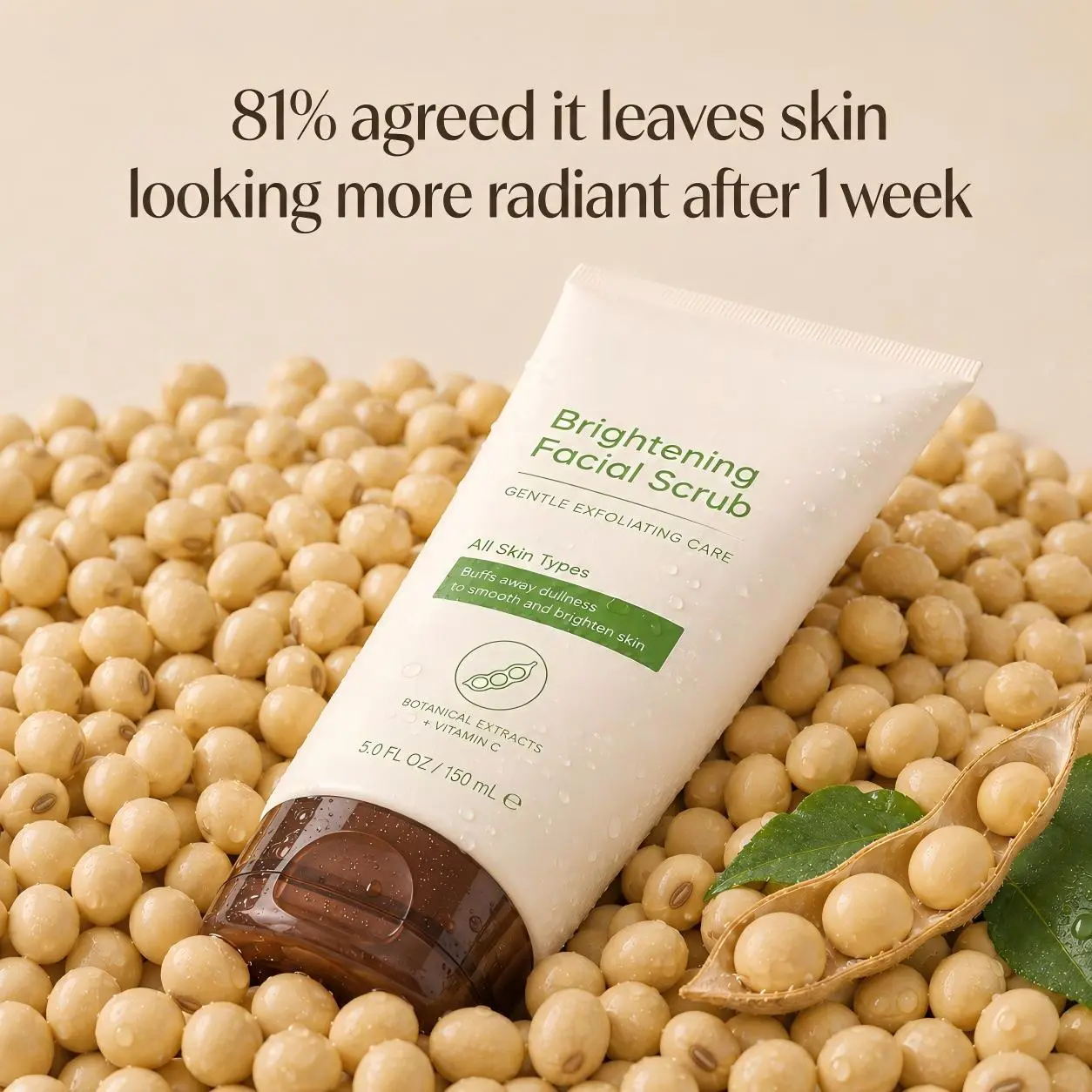 Brightening Facial Scrub, Gentle Exfoliating Face Scrub With Soy Extract & Vitamin‑C, Oil‑Free Soap‑Free Hypoallergenic Exfoliator, Buffs Away Dullness, Smooth Uneven Skin Tone for All Skin Types 150ml
