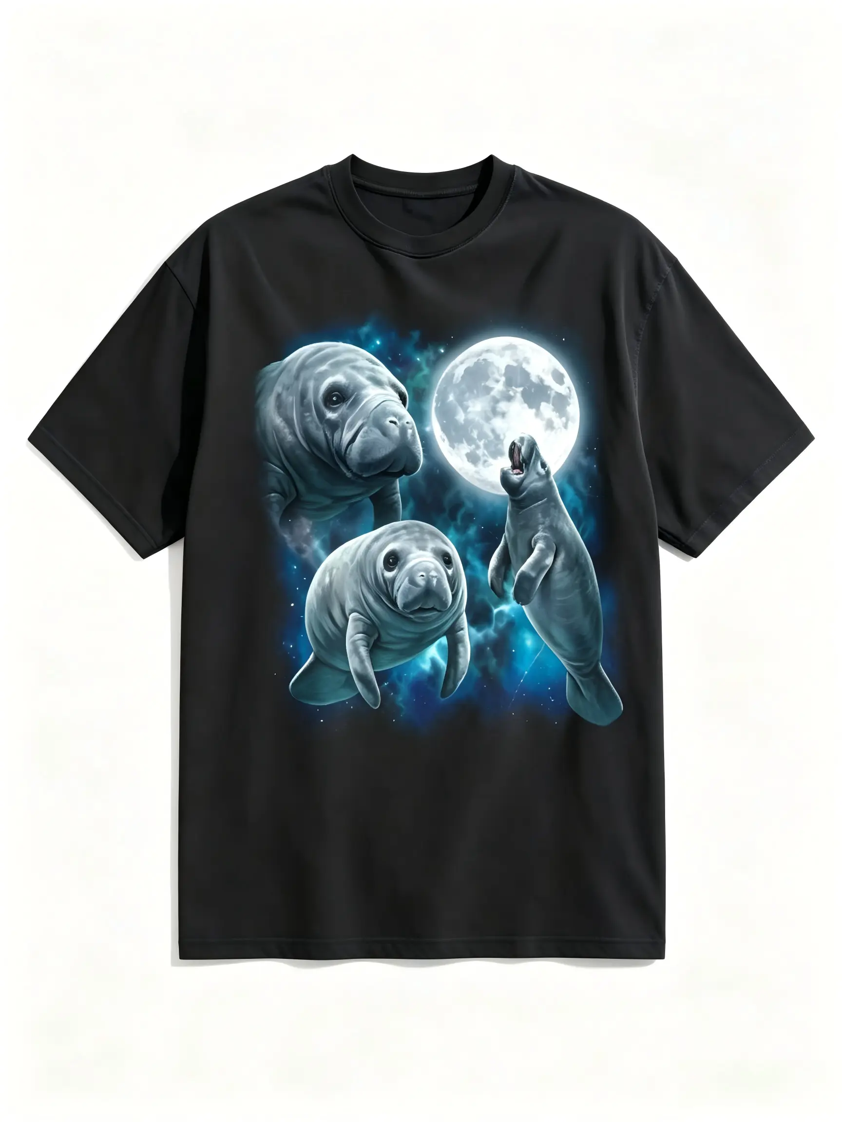 Graphic T-Shirt with 90s Manatee Moon Print, Classic Oversized Fit in Smooth Natural Cotton, Retro Shortsleeve Apparel for Sea Cow Lovers, Fabric, Loose, Round Neck, Ribbed, Relaxed Fit, Tshirt, Casual, Soft, Top, Loose Fit, Retro Theme