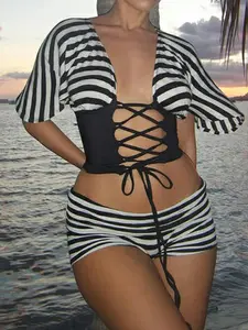 Women's Striped Two-Piece Matching Set, Deep V Neck Top & Elastic Shorts, Slim Fit Summer, Casual Vacation Style Womenswear