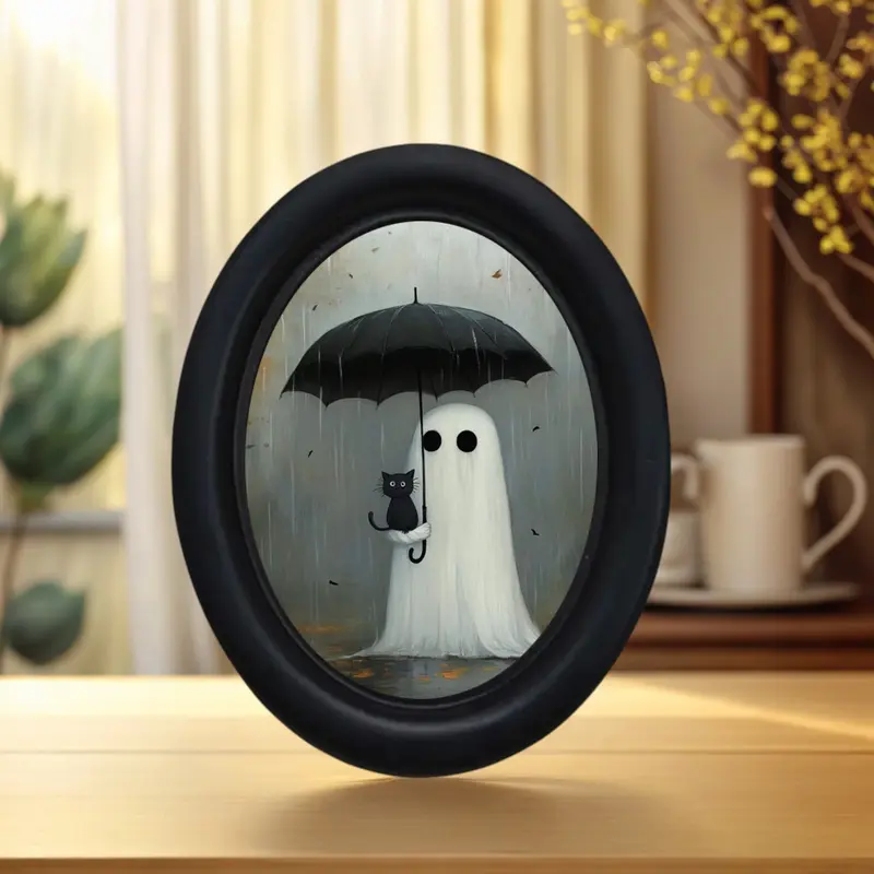 Vintage Halloween Spooky Ghost Holding Cat Wall Art, Artwork, Handmade Oval Wooden Decoration, 5.25x4.16 Inches, Perfect for Holiday Decorations, Indoor Decoration