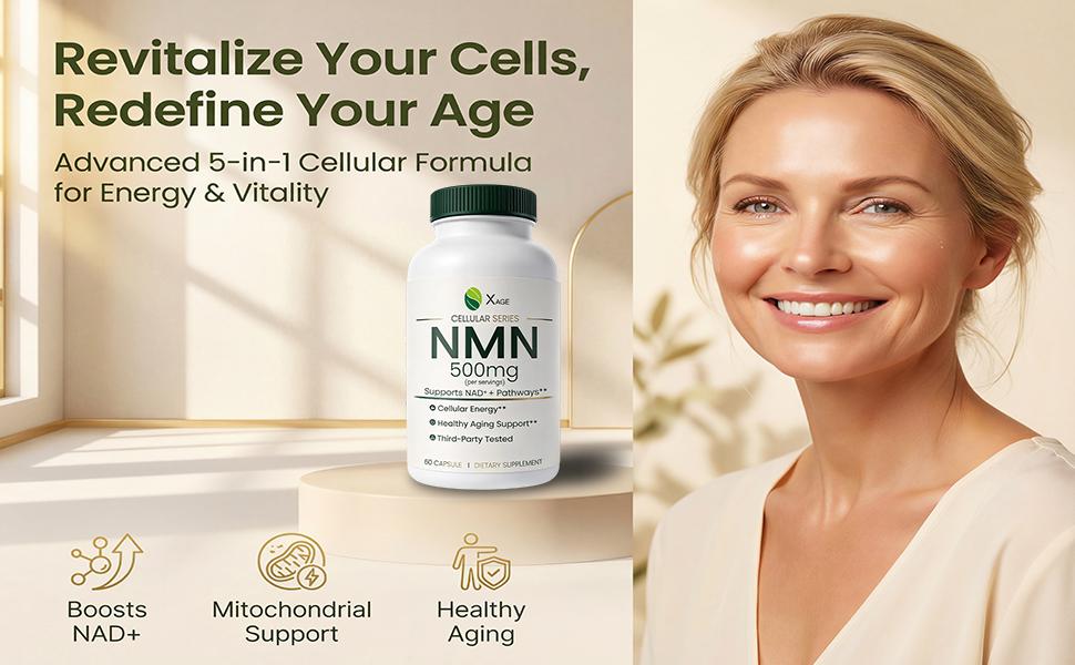 XAGE Cellular NMN 500mg Capsules - Cellular Energy & Healthy Aging Support, Antioxidant Blend