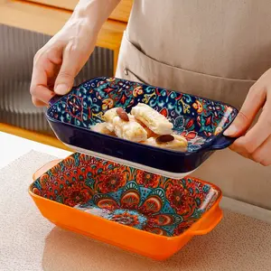2pcs Rectangular Serving Dishes Set with Dual Handles, Microwave & Oven Safe, Ideal for Home Kitchen Restaurant, Baking Sushi Dessert Salad Plates, Modern Ceramic Plates