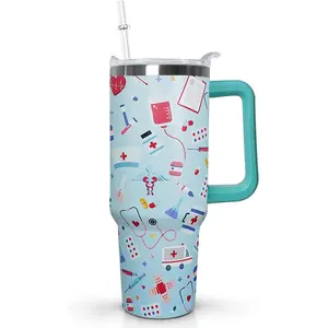 Ceovfoi Nurse Tumbler with Handle,Nurse Gifts for Women,40 oz NurseTumbler with handle Lid and Straw Vacuum Insulated Travel Coffee Mug CupTumble