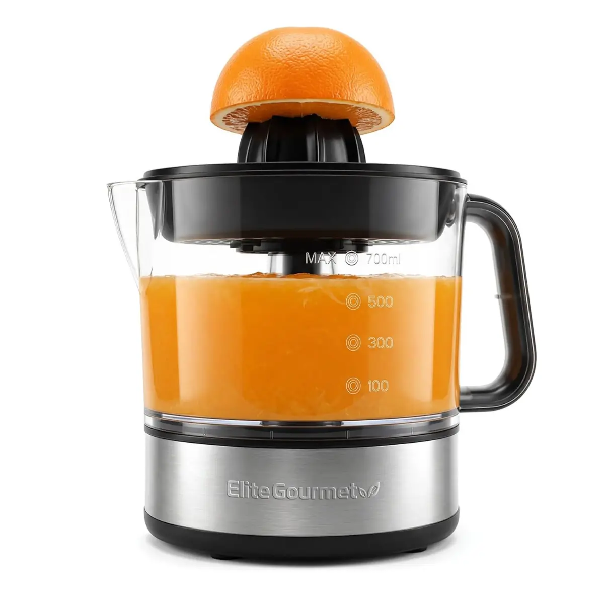 Elite Gourmet ETS623 BPA-Free 40W Electric Citrus Juicer - Compact, 24oz Large Volume, Pulp Control, Easy Pour Spout, for Oranges, Lemons, Limes, Grapefruits - Black/Stainless Steel