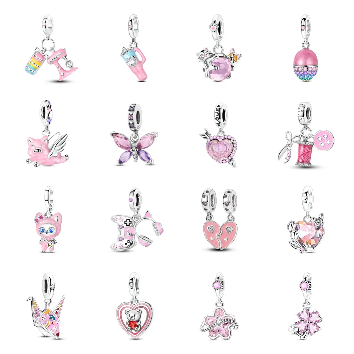MULA S925 silver pink bracelet pendant, compatible with Pandora bracelets, hypoallergenic enamel sparkling cubic zirconia, lifestyle beaded jewelry, the perfect gift for girls and ladies.