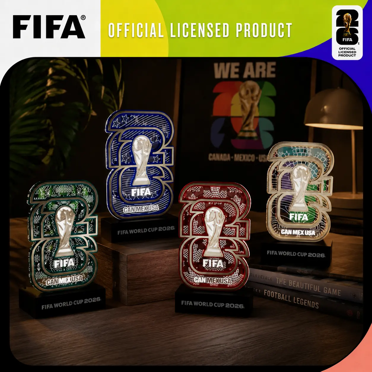 FIFA World Cup 2026 Official Licensed Collectible Display with White LED Glow – Soccer Memorabilia Gift for Men, Dad, Son, Fans – Man Cave, Bar, Desk Decor – USA CAN MEX Trophy