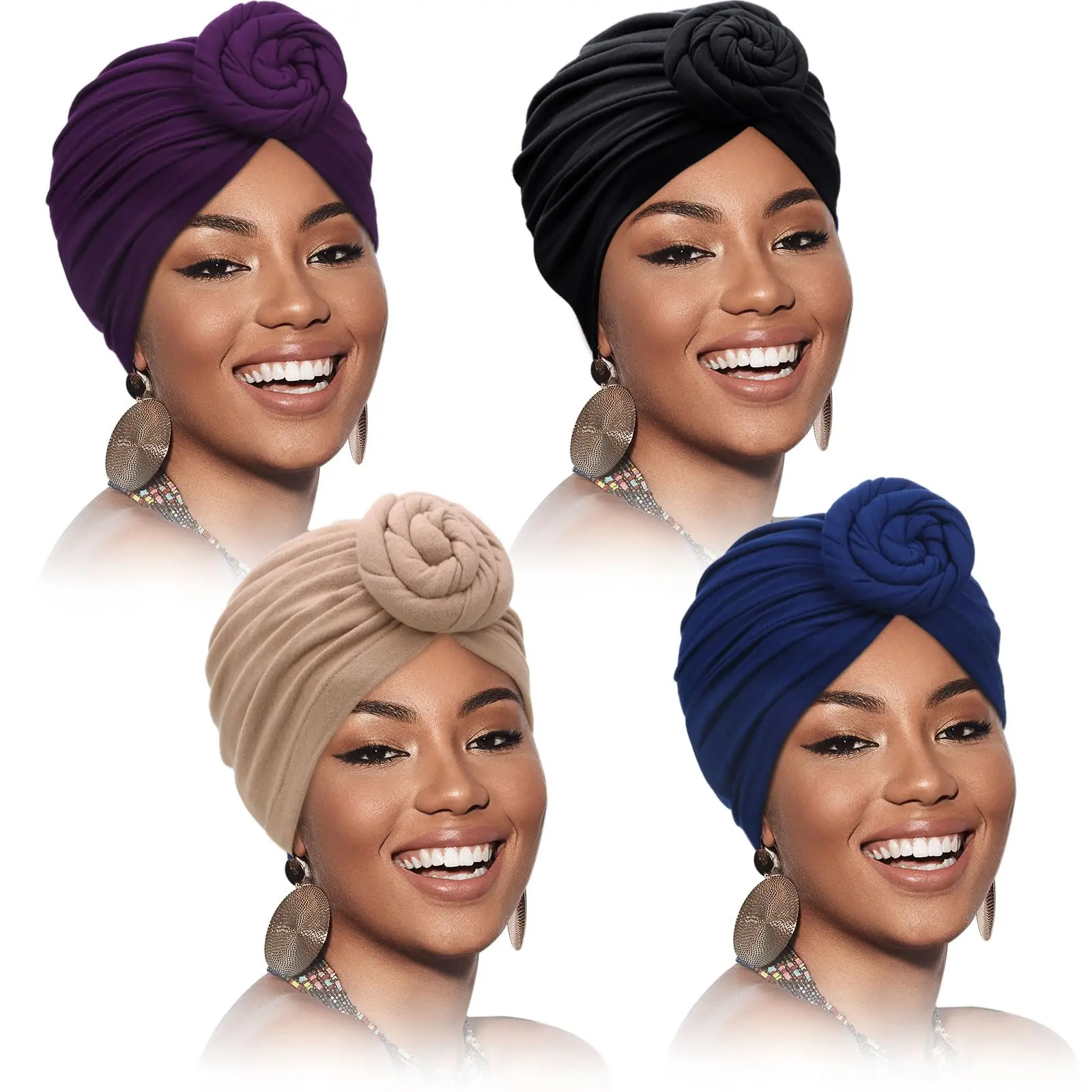 4PCS Head Wraps for Women, Soft Turban for Chemo and Hair Loss, Stretch Fabric For Most, Pre Knotted Design, African Style Head Band for Black Women