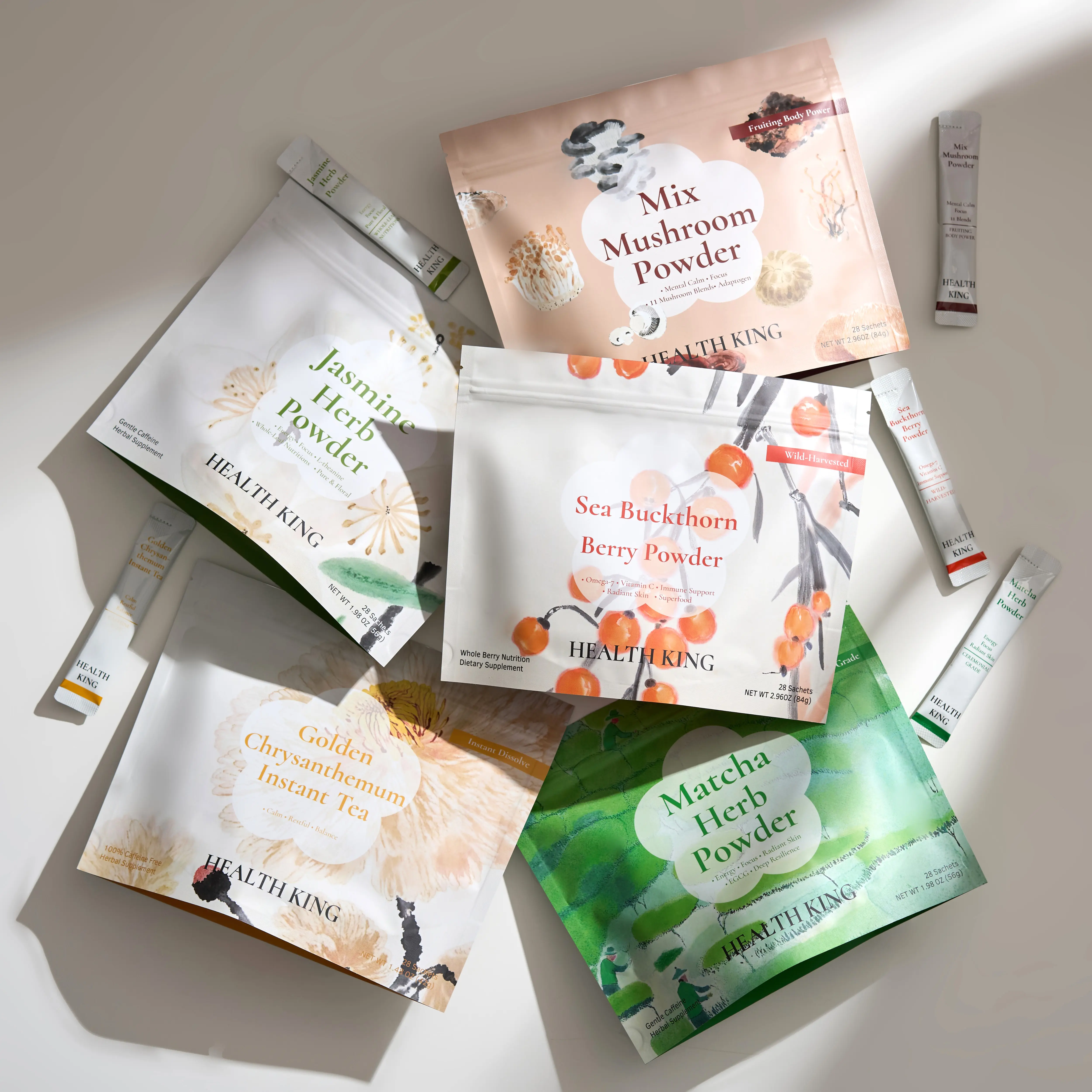 Health King Herbal Tea Powder, Matcha Powder, Mushroom Tea, Sea Buckthorn Tea, Jasmine Tea, Chrysanthemum Tea, 100% Herbal Tea, Functional Wellness Tea, Immune Support, Focus, Relaxation, Eye Health, Hormone Balance, Detox, Superfood Drink, 28 Sachets
