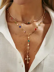 Women's Vintage Metal Cross Y-Shaped Long Necklace Set, Boho Style Colorful Crystal Pendant Jewelry for Women Daily Wear & Gifts