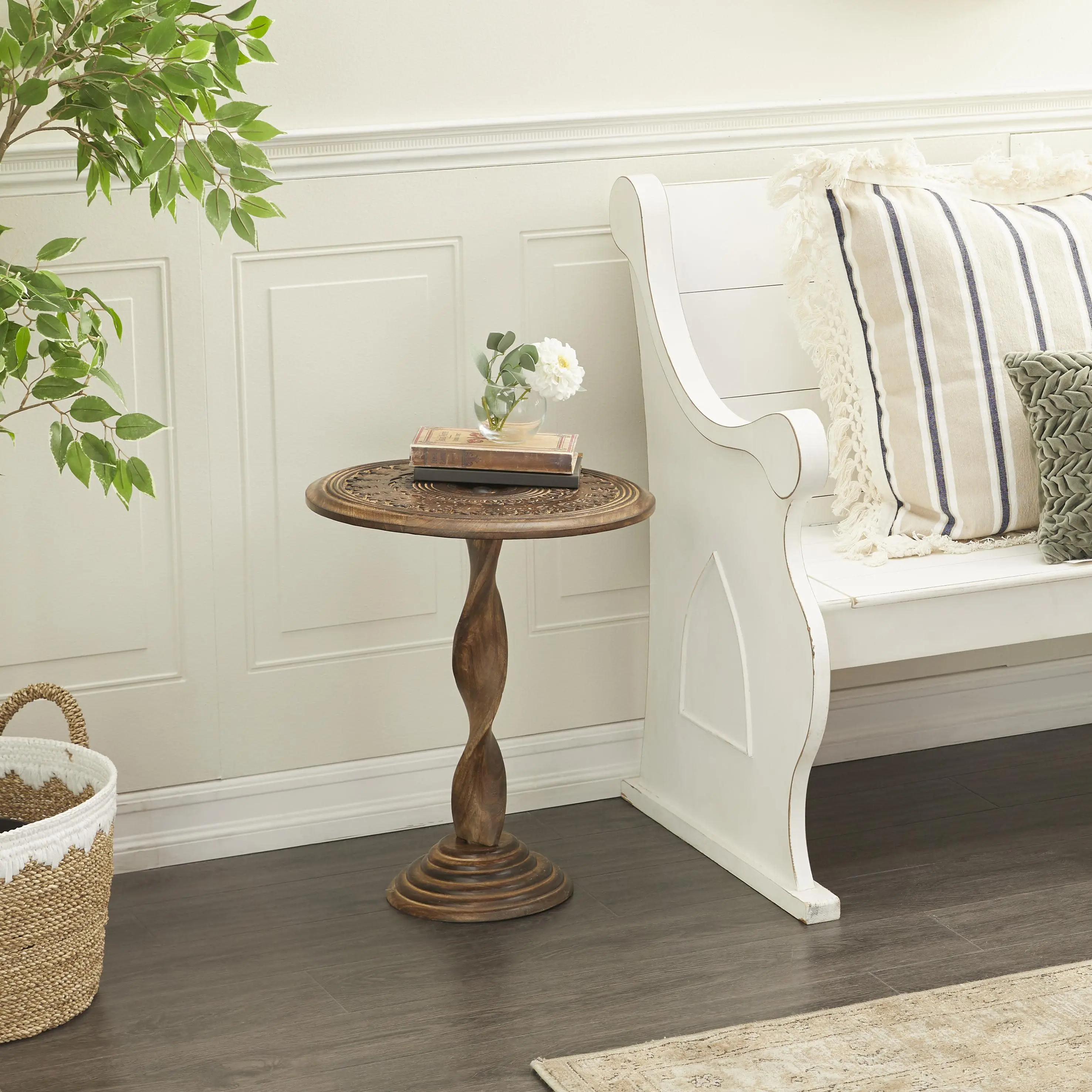 Brown Mango Wood Floral Handmade Intricately Carved Side End Accent Table with Spiral Leg and Elevated Base, 18" x 18" x 22"