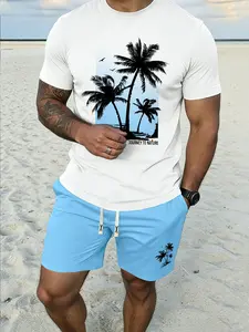 Men's Round Neck Casual Short Sleeve + Drawstring Shorts Set, Coconut Tree Print Design, Summer Comfortable T-Shirt, Outdoor Sports Wear