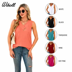 WIHOLL Women Summer Button Down V Neck T Shirts Sleeveless Loose Fit Fashion Tops