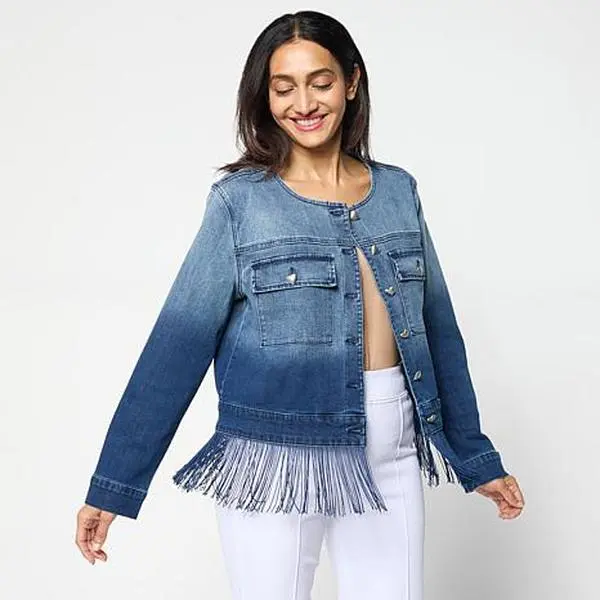 Colleen Lopez Ombre Denim Fringe Trim Button-Front Jacket