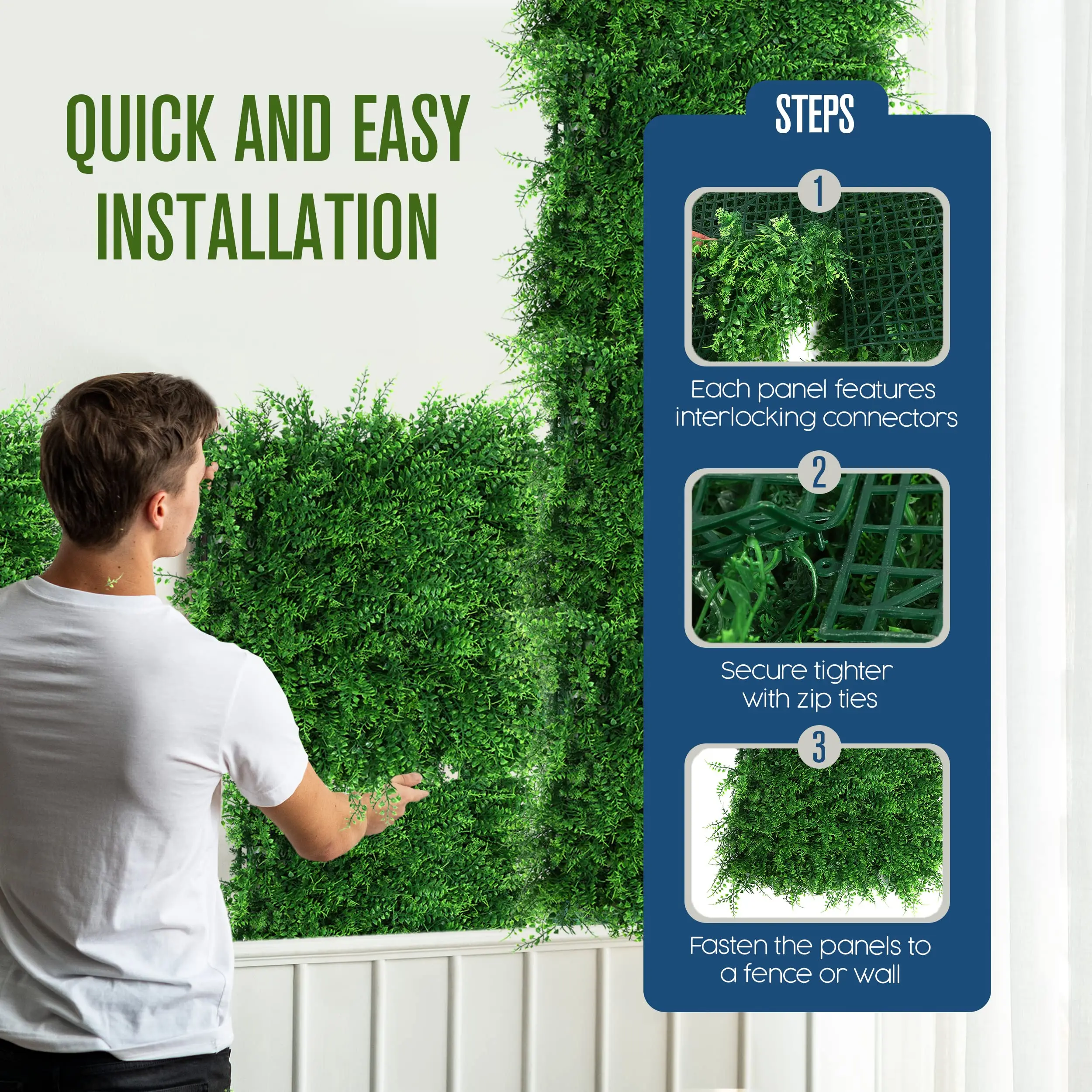 Houseables Artificial Leaves Panels, Backyard Grass Privacy Fence, Fern, 50.8 cm x 50.8 cm, 12 Pack, Green, Plastic, Outdoor Greenery Screen, Faux Plant Wall Backdrop, Garden Tile Decor, Fake Hedges