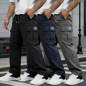 3-Pack Men’s Lightweight Workwear Pants with Drawstring Elastic Waist, Multiple Pockets, American Retro Style, Trendy, Versatile, Minimalist Long Pants for Everyday Wear and Travel