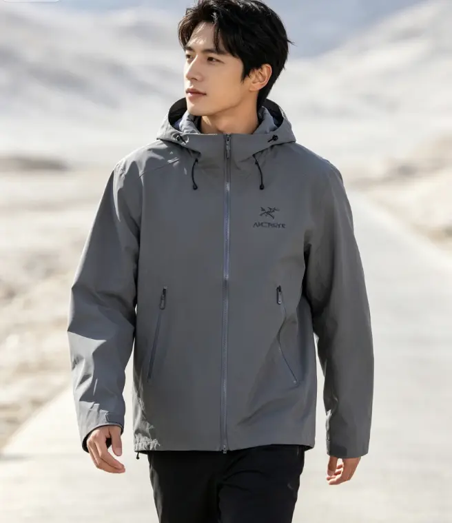 Dark Gray Hooded Outdoor Shell Jacket, Waterproof Windproof Fabric, Adjustable Hood, Great for Hiking Camping Daily Outdoor Trips