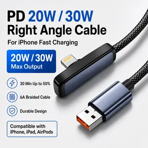 PD30W Right Angle Lightning Cable Fast Charging Braided Durable Cord for Gaming Compatible with iPhone 6-14 Stable Safe Charging No Blocking Hands While Playing for iPhone14pro/13/12/11/XS AirPods 3.3Feet 6.6Feet