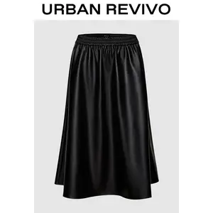 URBAN REVIVO Women's Fashion Elegant A-Line Casual Skirt - Smocked, Comfortable, Easy-Wear Pull-On Mid-Length Bottom, UWG550111
